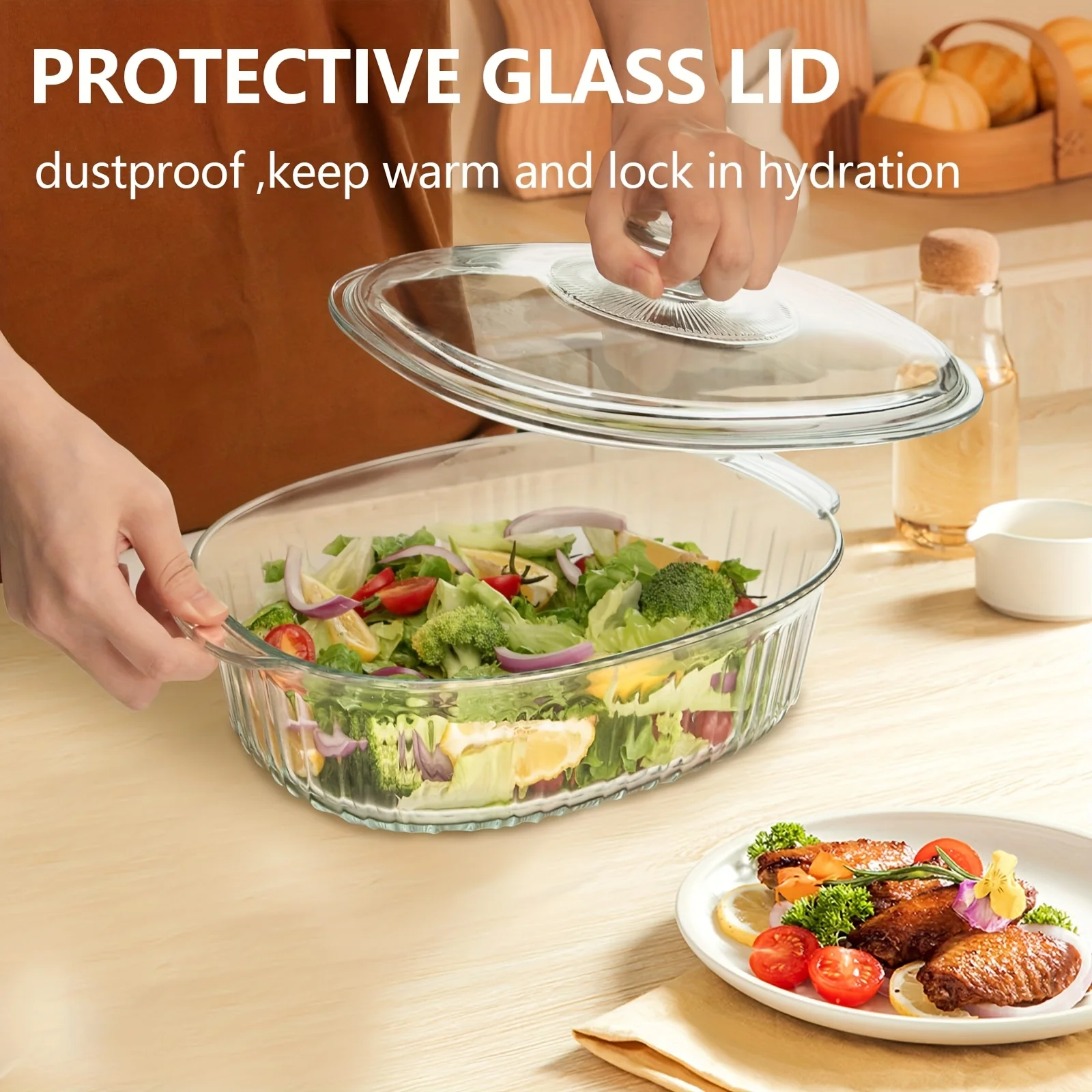 

Glass baking tray with lid, borosilicate oval baking pan, suitable for ovens and microwave ovens, and a great gift for holidays