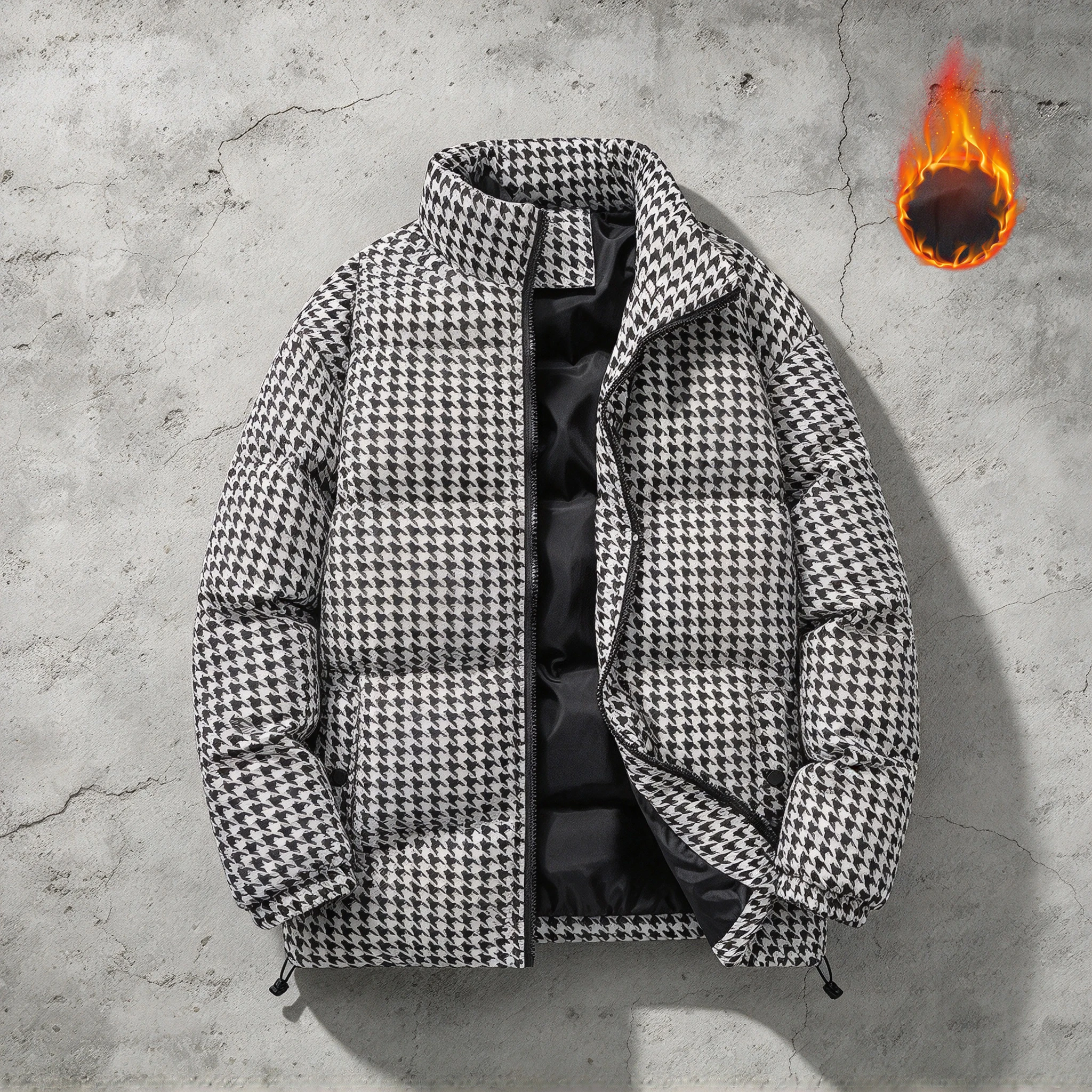 Men Houndstooth Puffer Jacket Thick Warm Stand Collar Full Zip Winter Coat Casual Windproof Mens OuterwearCasual WinterOuterCoat