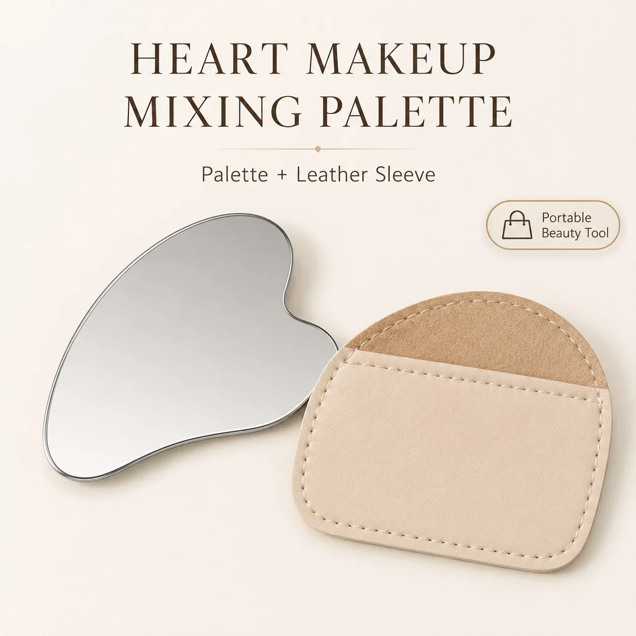 Heart Shaped Stainless Steel Makeup Mixing Palette with Leather Sleeve Foundation Concealer Blending Beauty Tool