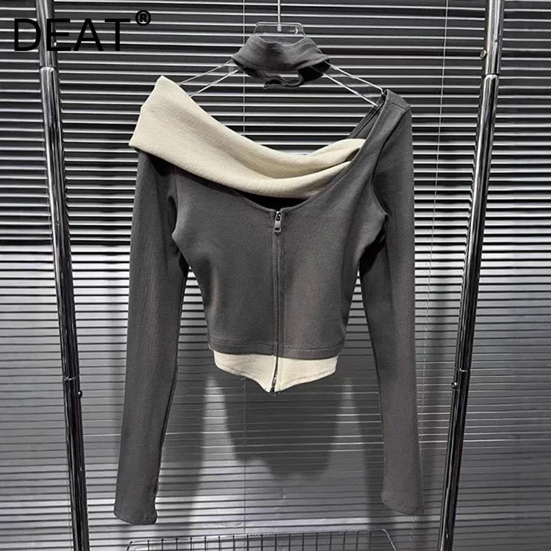 DEAT 2024 Winter New Item Fashion Loose Slash Neck Contrast Color Zipper T-shirts For Women Versatile Bottom Top Female 11A01708