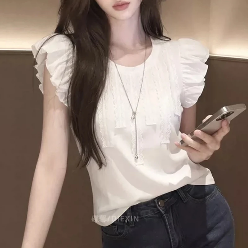 

Vintage Women's Blouses Casual Solid-color Shirts Fashion Loose O-neck Summer Ruffle Korean Clothing Sleeveless Women Tops