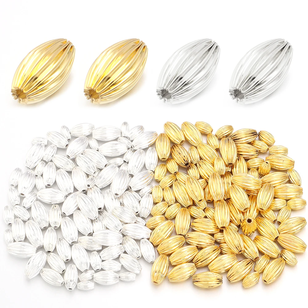 30 Stück/Lot Messing-Abstandsperlen in Goldfarbe, Reisform, gestreift, lose Metallperlen für DIY-Anhänger, Armbänder, Halsketten, Schmuckzubehör
