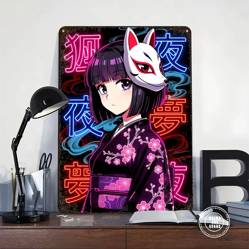 Anime Girl With Fox Mask and Kimono Poster Retro 3D Printed Metal Signs Customized Wall Hanging Gift for Room Decoration Items