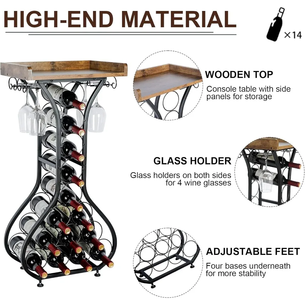 X-cosrack Wine Storage Rack Freestanding Floor, Wine Rack Mini Bar Table with Tabletop, Glass Holder Wine Bottle Display Stand L