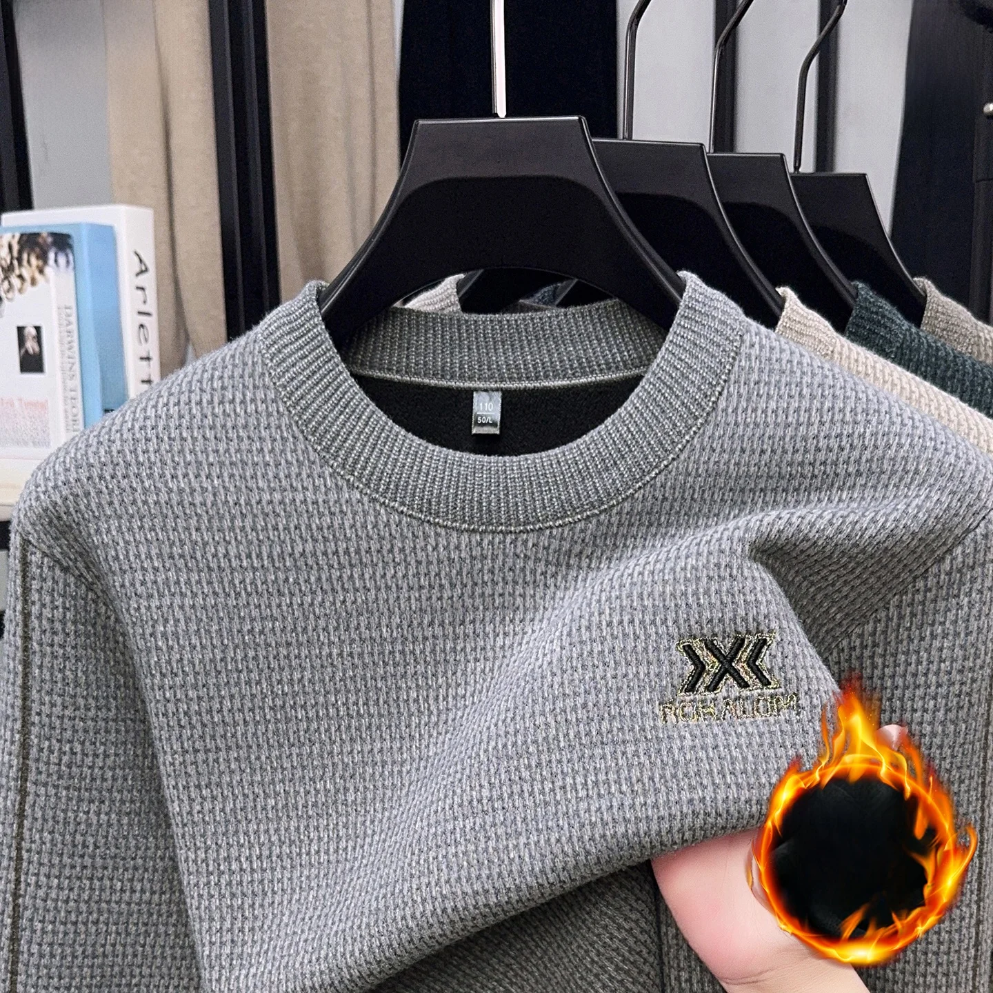 

Pierre Cardin Men's Fce Lined Thiened Warm round Ne Knitwear Winter Mid-aged Embroidered Long Sve Base irt