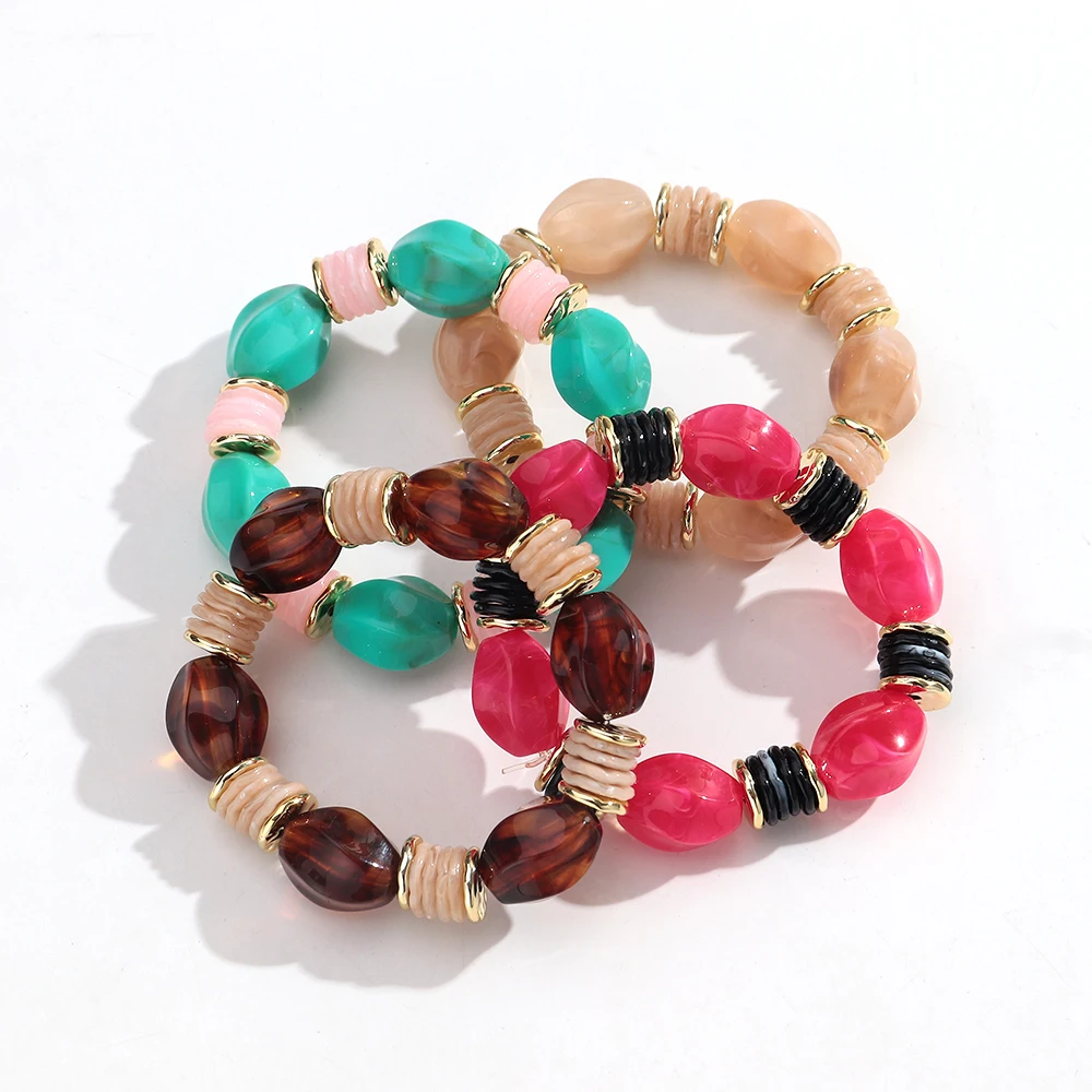 Trendy Acrylic Colorful Irregular Geometric Beads Elastic Bracelets Resin Geometry Stackable Bangle Bracelet Boho Jewelry Gifts