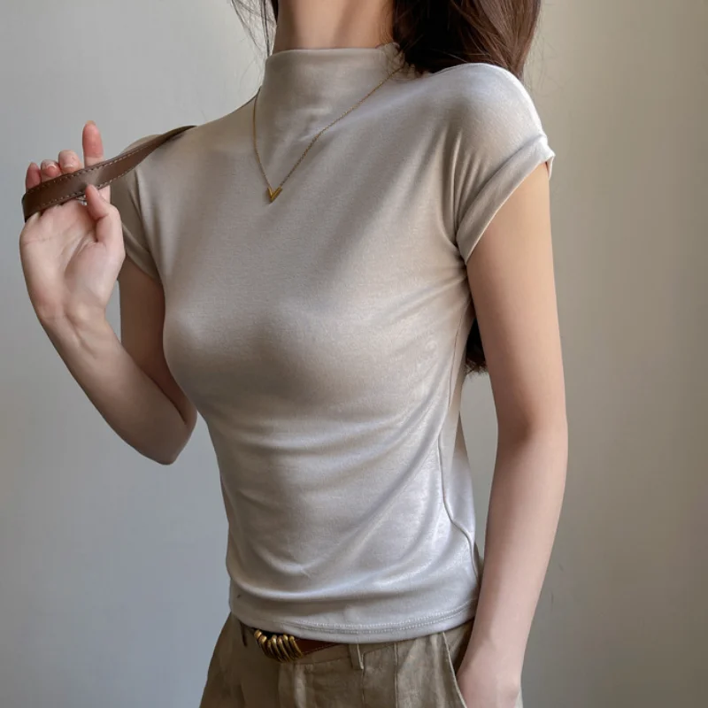 

Spring and Summer Semi High Neck Shoulder Short Sleeved T-Shirt for Women's Casual Versatile Cotton Slim Fit Shirt