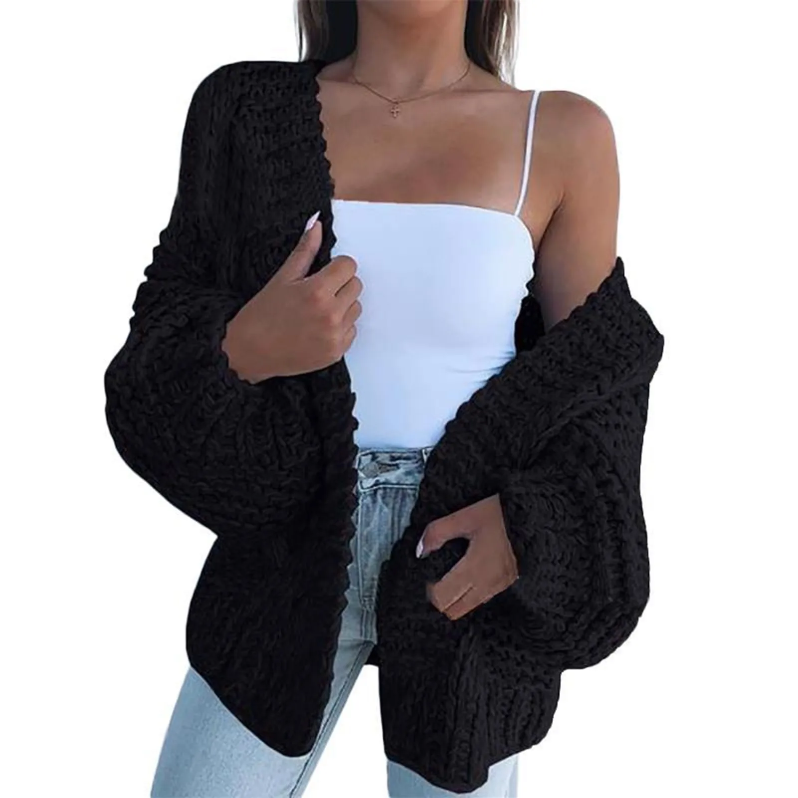 Women Autumn Fashion Warm Chunky Knitted Sweater Cardigan Casual Versatile Solid Colour Coat Loose Comfort Lantern Sleeve Coat