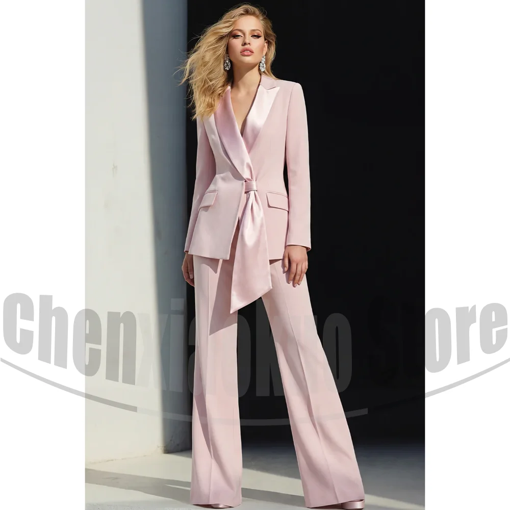 

Women Suit 2 Piece Satin Peak Lapel Belted Blazer with Wide Leg Pants Elegant Outfit for Office Party Formal Lady Suits