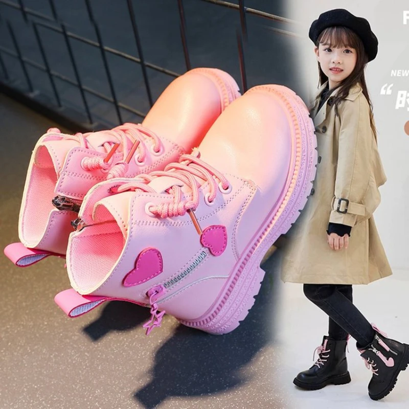 British PU Cool Girls autunno e inverno stivali Casual in cotone rosa morbido con cerniera laterale Love Princess Kids Fashion Girls stivaletti