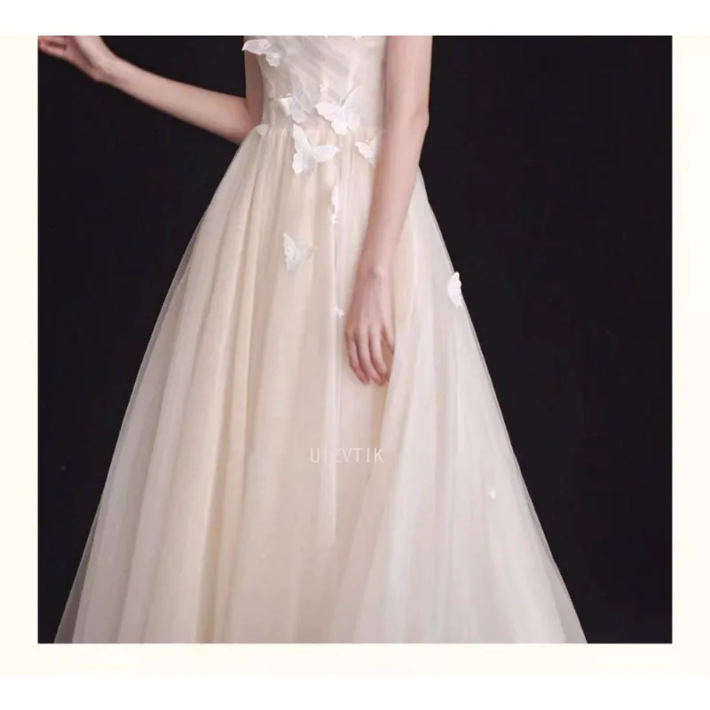 シャンパンライトのウェディングドレスエレガントな女性オーガンザアップリケパーティーイブニングウエディングドレス 2025 新しいカスタマイズされたフォーマルな機会のドレス