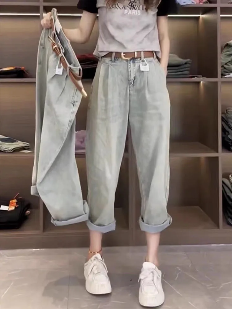 Pantalones vaqueros elásticos de talla grande para mujer, pantalón harén recto, holgado, ajustado, de cintura alta, para papá, informal, Sle Old Faion