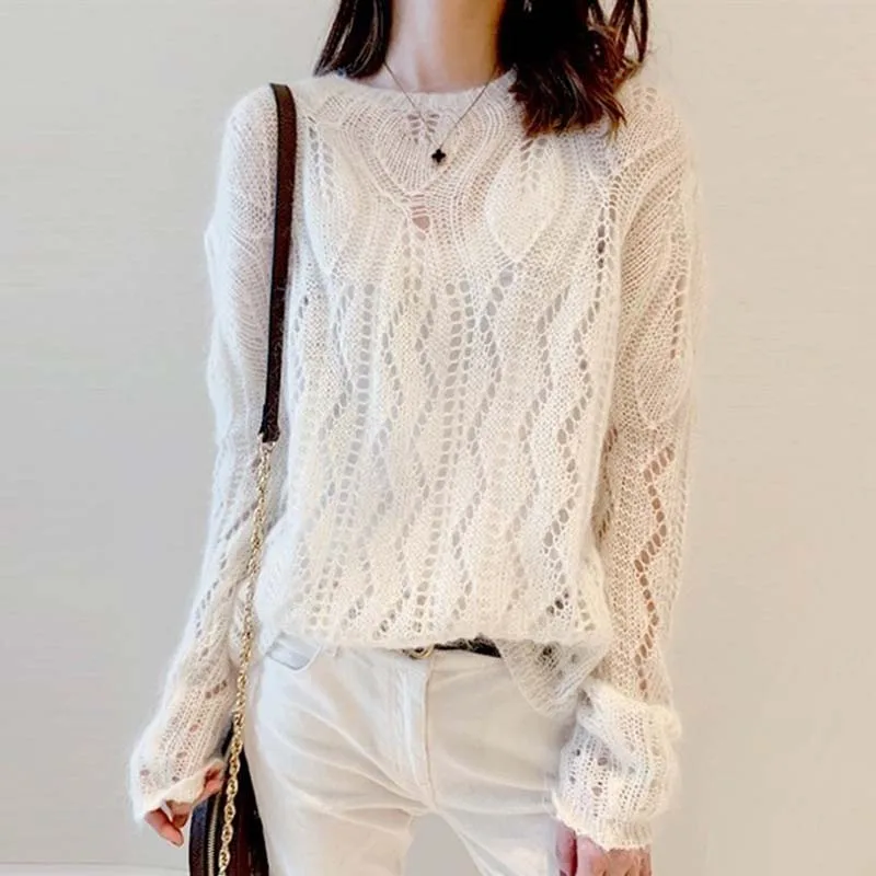 

Boring Honey Women's White Knitted Mohair Oversized Long-Sleeved Pullover Sweater Fall Fashion Simple Lazy Hollow Harajuku Sweat