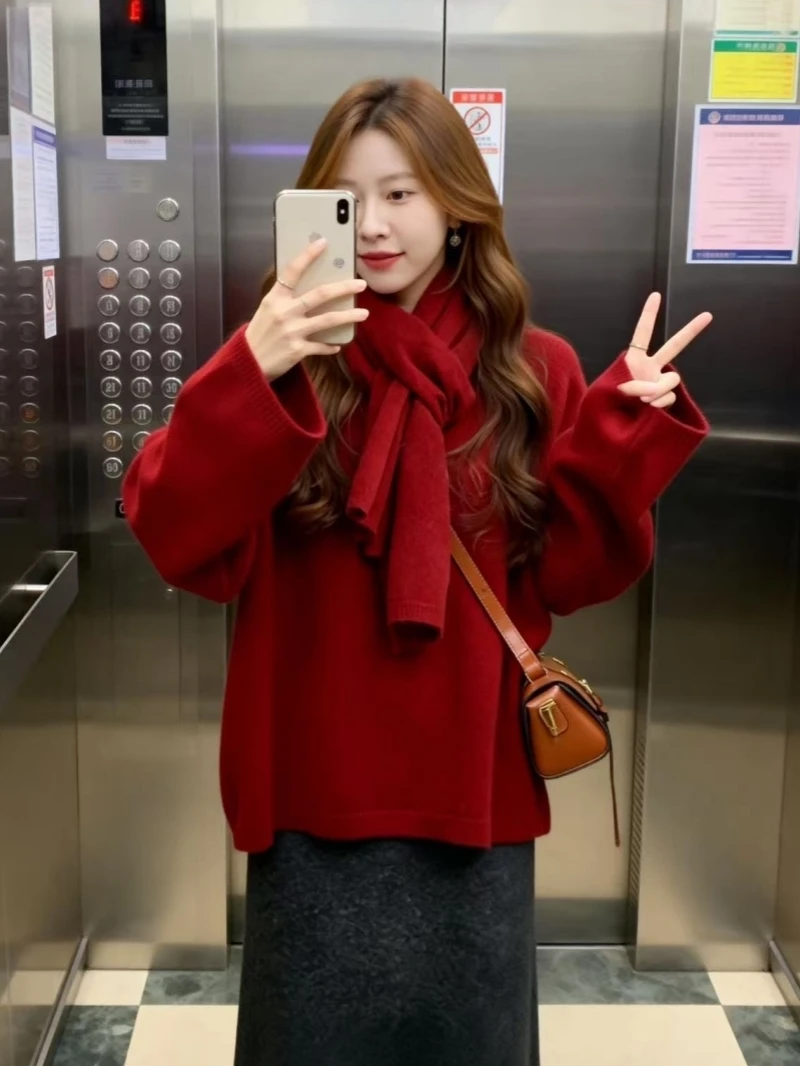 

Красный вязаный свитер Thiened, женский осенне-зимний топ Cisas, свободный рукав с шарфом, повседневный однотонный топ для поездок на работу