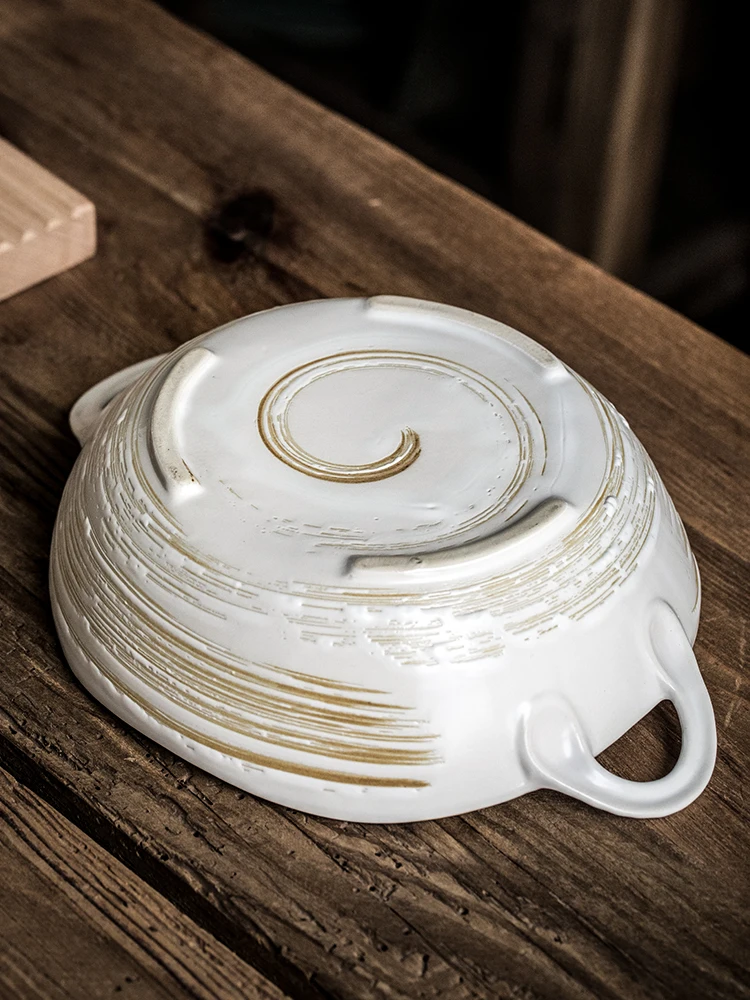 Irregular Shape Ceramic Bowl 7.5 Inch Double Ears Design Unique Salad Noodle Bowl