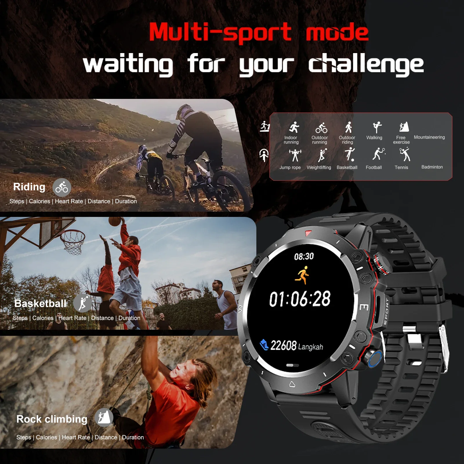 

Outdoor sports smartwatch, wireless calling, information reminder, for man