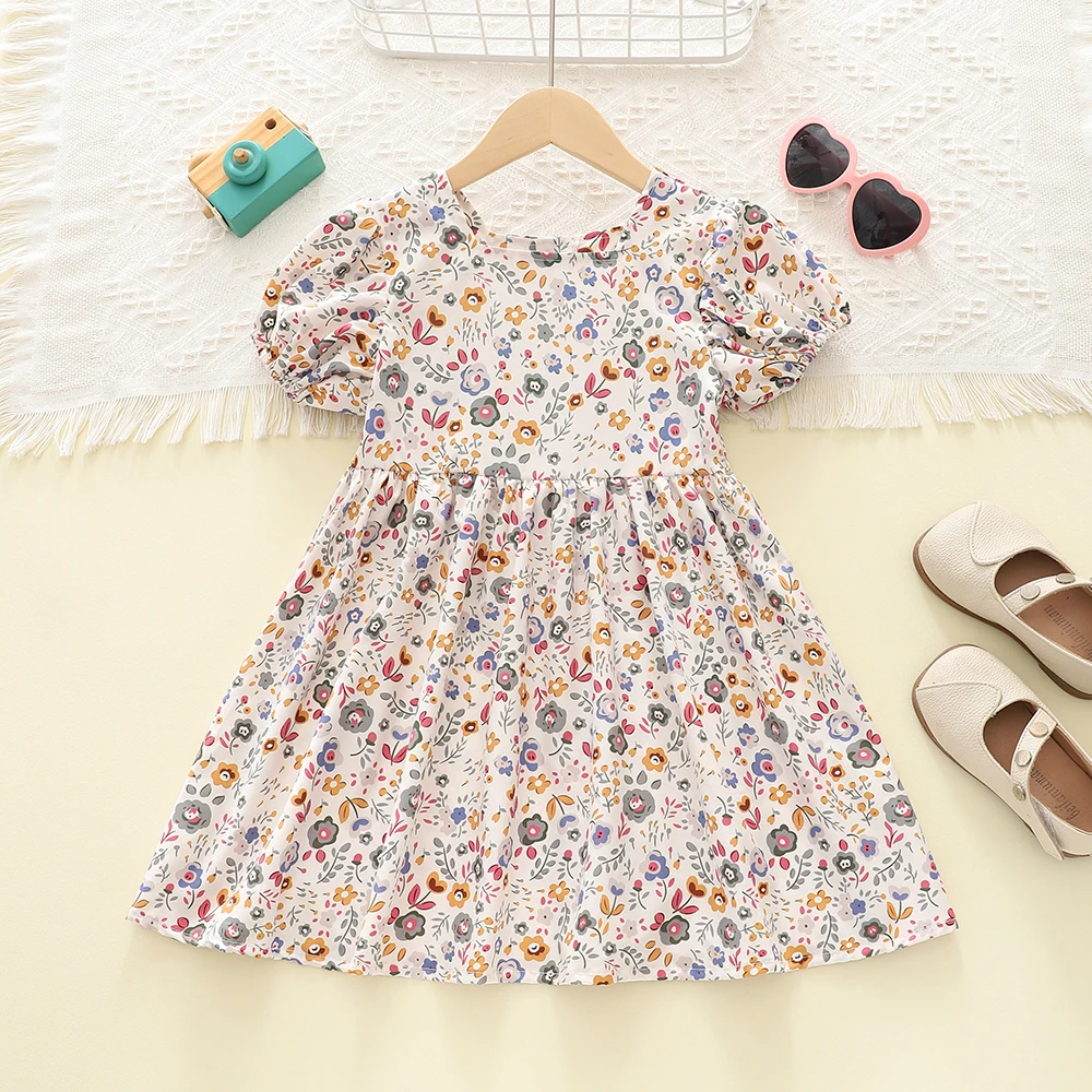 Summer Girls' Country-style printed Princess Dress Square-neck Puffed Sleeve Floral Print Dress Children's Clothing
