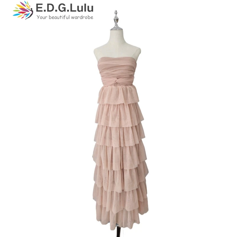 Edglulu sem alças malha dobra vestidos de aniversário luxo 2025 mulher elegante sem costas malha em camadas plissado borda vestido de noite ed