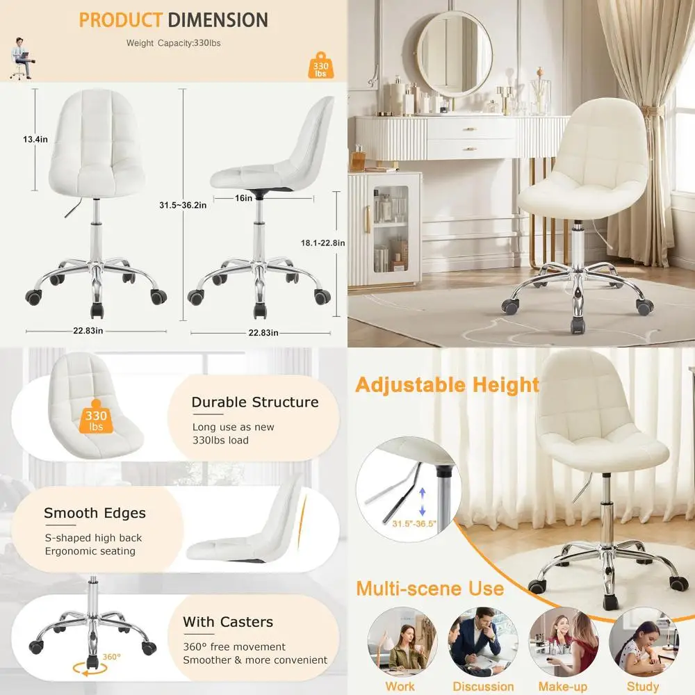 

Adjustable Height Armless Office Chair, PU Leather Swivel with Wheels, 360° Rotation, Suitable for Study, Work, Makeup, and Leis