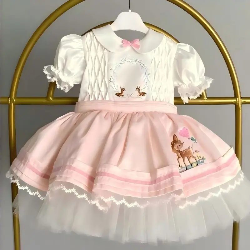 0-12Y Baby Girl Summer Pink Deer Embroidery Vintage Princess Dress for Birthday Photography Holiday Eid B410