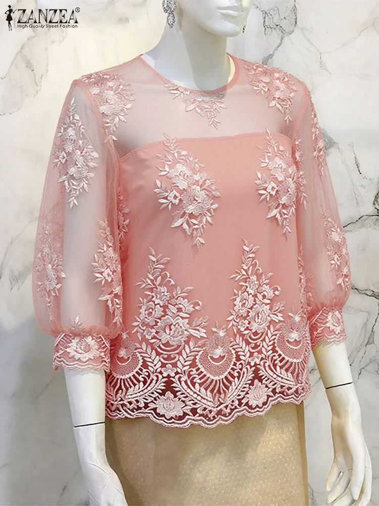 ZANZEA Elegant Blouse Women Shirts 2025 Autumn Puff Sleeve See-through Lace Fashion Tops O-Neck Loose Office OL Casual Blusas