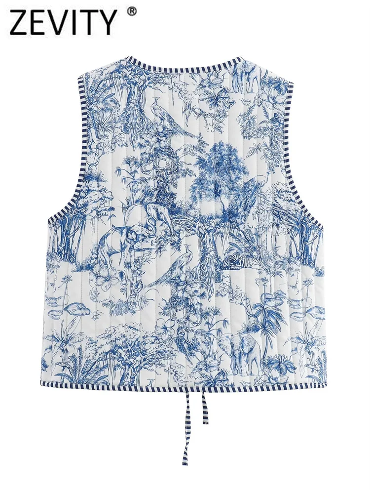 Zevity Women National Style Sleeveless Patchwork Floral Print Quilted Vest Jacket Ladies Lace Up WaistCoat Chic Crop Tops CT6267