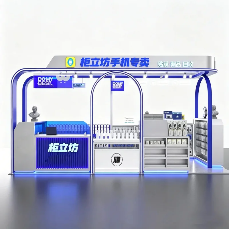 custom.Phone Retail Kiosk & Booth Fixtures | Custom Tech-Themed Blue & White Design | Complete Mall Shop Solutions