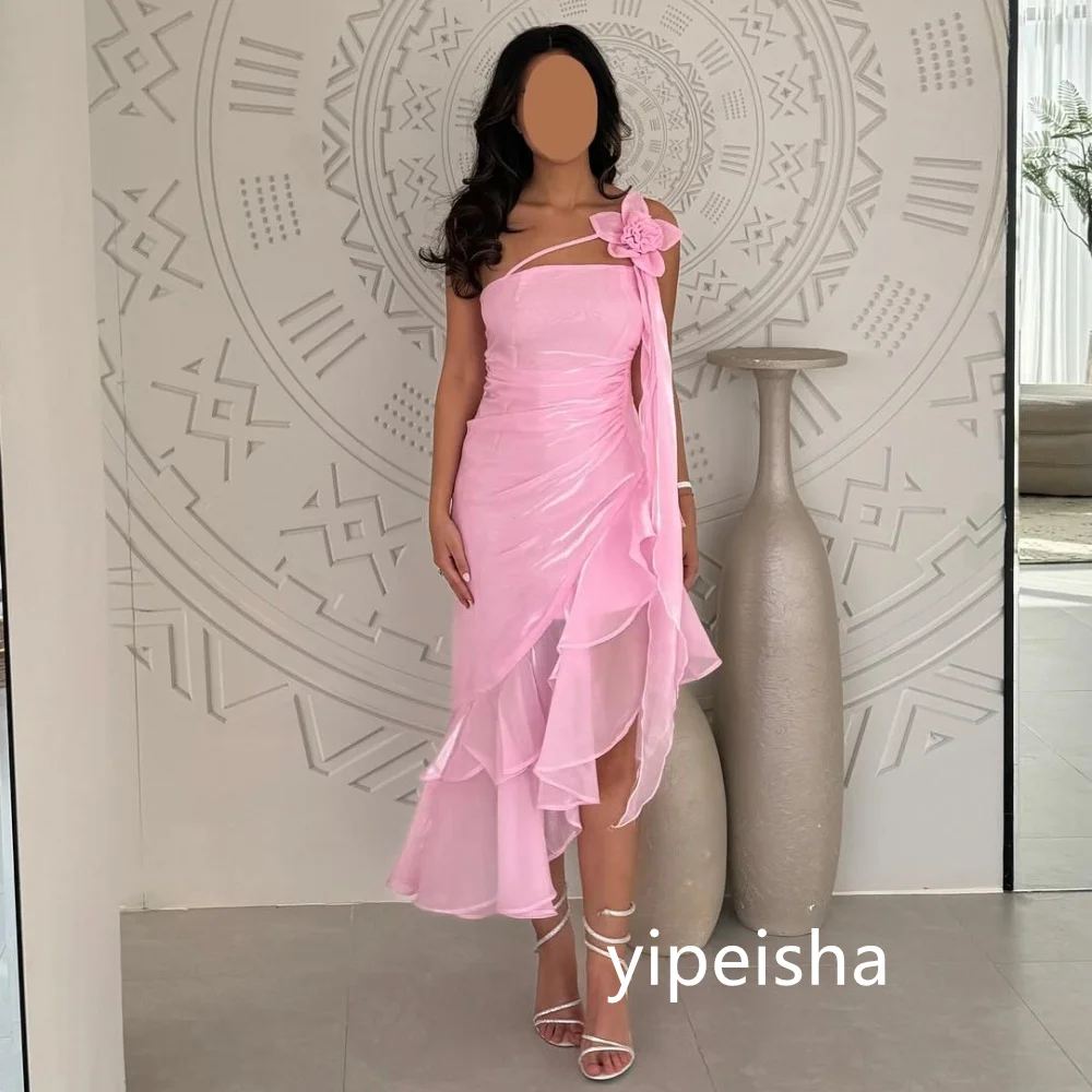 Sparkle Organza Pleat Ruched A-line One-shoulder Midi Dresses Prom Dresses Classic Exquisite Modern Style Pastrol  Chinese Style