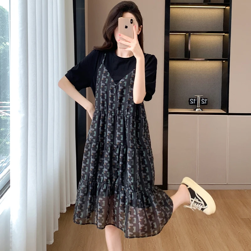 Faionable T-shirt grande taille Dr avec ourlet en dentelle ort Sve rond Ne couleur minceur viande couvrant mi-long Dr