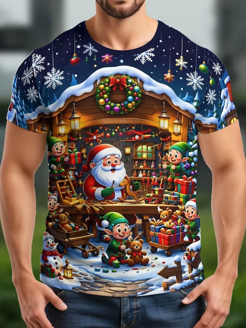 Christmas T Shirt Men Women 3D Santa Claus Elf Snow Cabin Print Short Sleeve Crew Neck Graphic Tee Xmas Party Top XXS-6XL