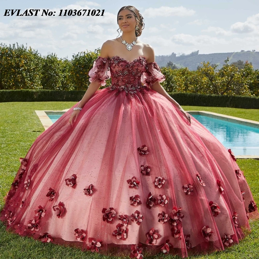 EVLAST-vestido De Quinceañera De Borgoña mexicano, vestido De baile, apliques florales 3D, cuentas, manga hinchada, corsé, XV Anos SQ301