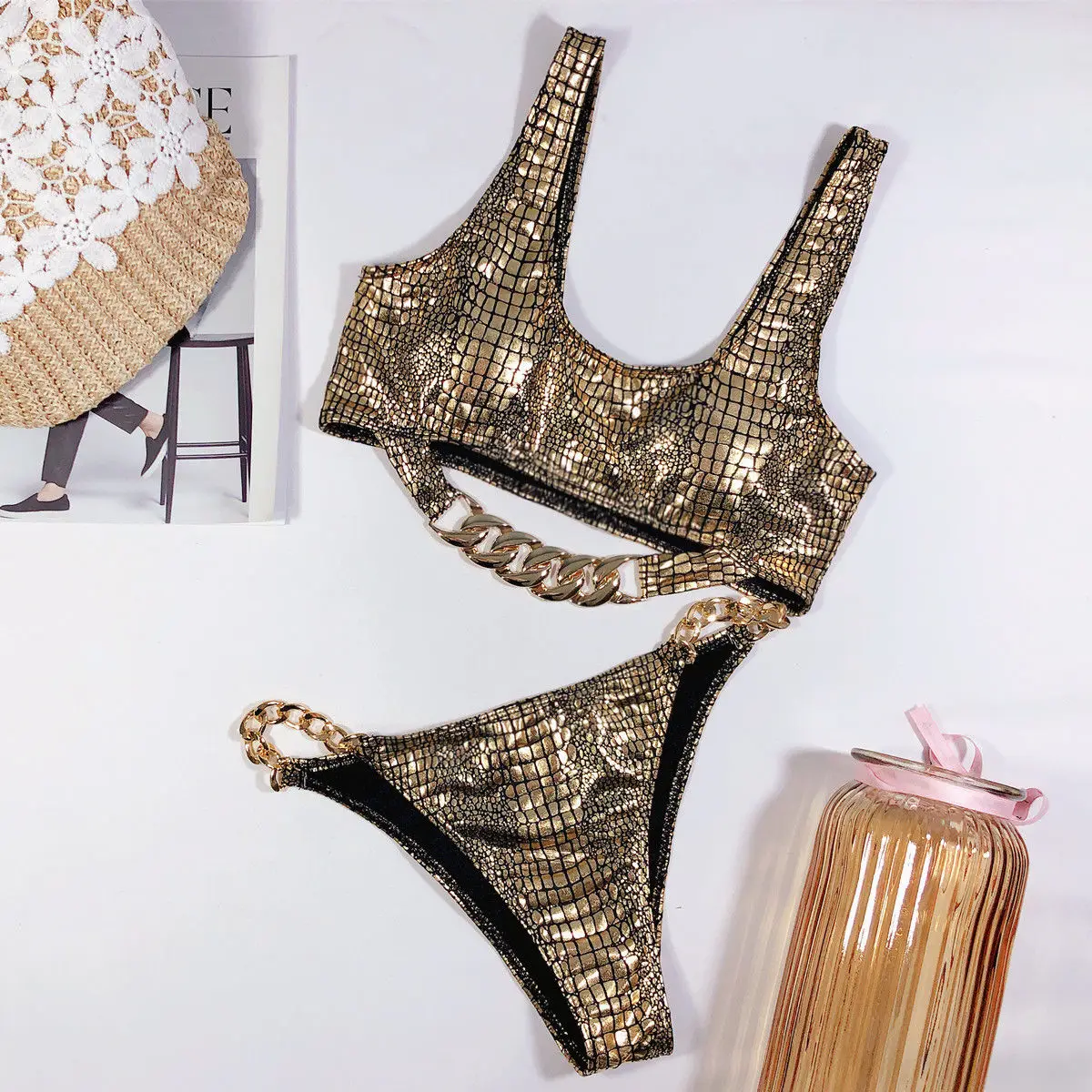 New Shiny Gold Silver Pink Bikini 2024 Women Swimwear Female Swimsuit Two-pieces Bikini set Bather Bathing Suit Swim Cool Beatu