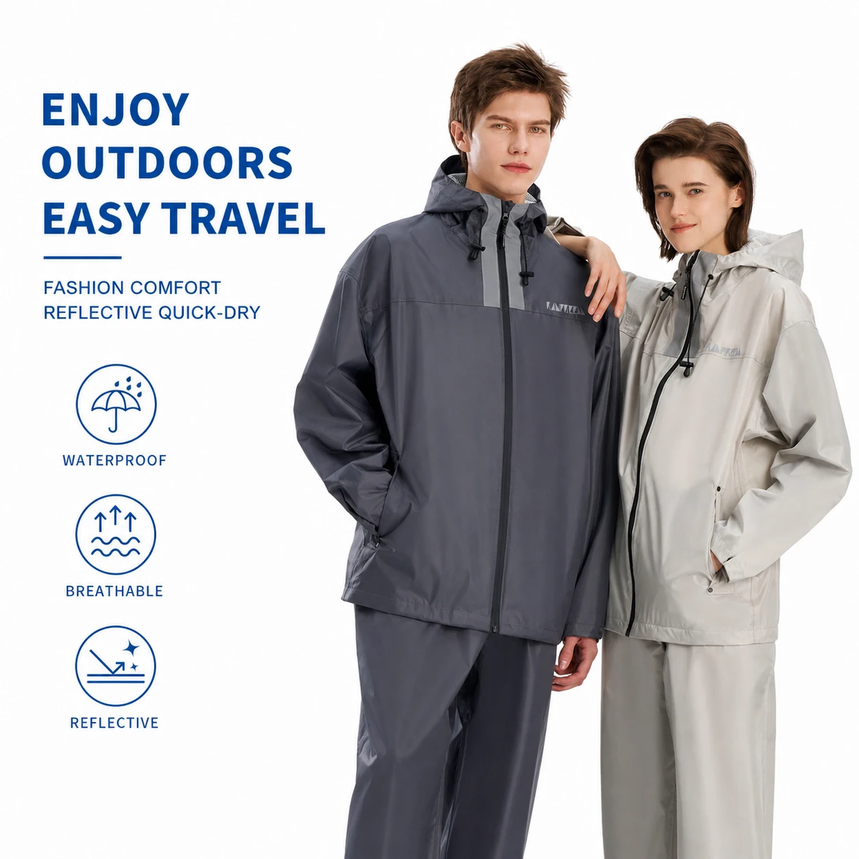 Waterproof Rain Suit (Jacket+Pants). Breathable, adjustable hood, elastic cuffs, reflective. Ideal for golf, cycling, hiking