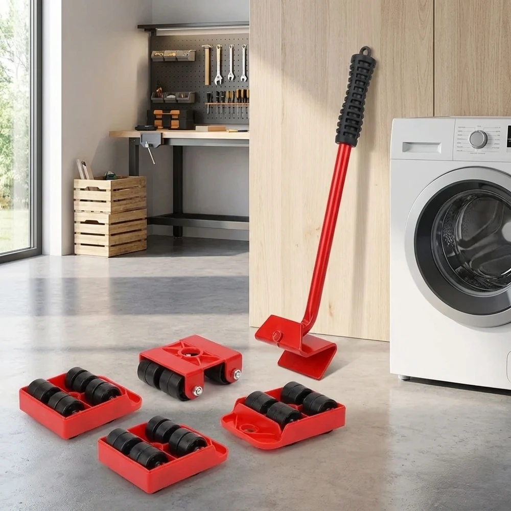 5Pcs Furniture Mover Tool Set Heavy Duty Stuffs Moving Rollers with Lifter Bar 360° Rotation Flexible Wheels Professional Safe R