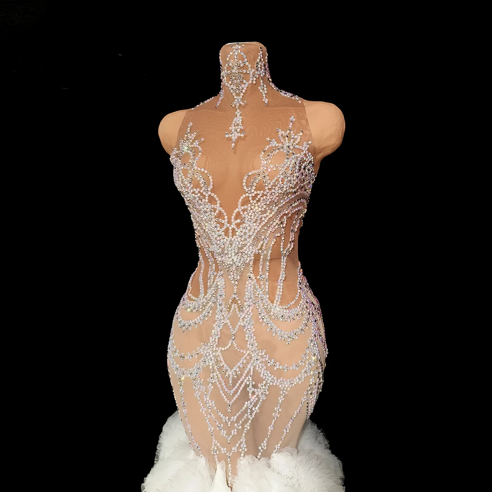 Glanzende witte strass doorzichtige lange jurk Drag Queen kleding avondfeest verjaardag zanger Gogo bal nachtclub bar vrouwelijk