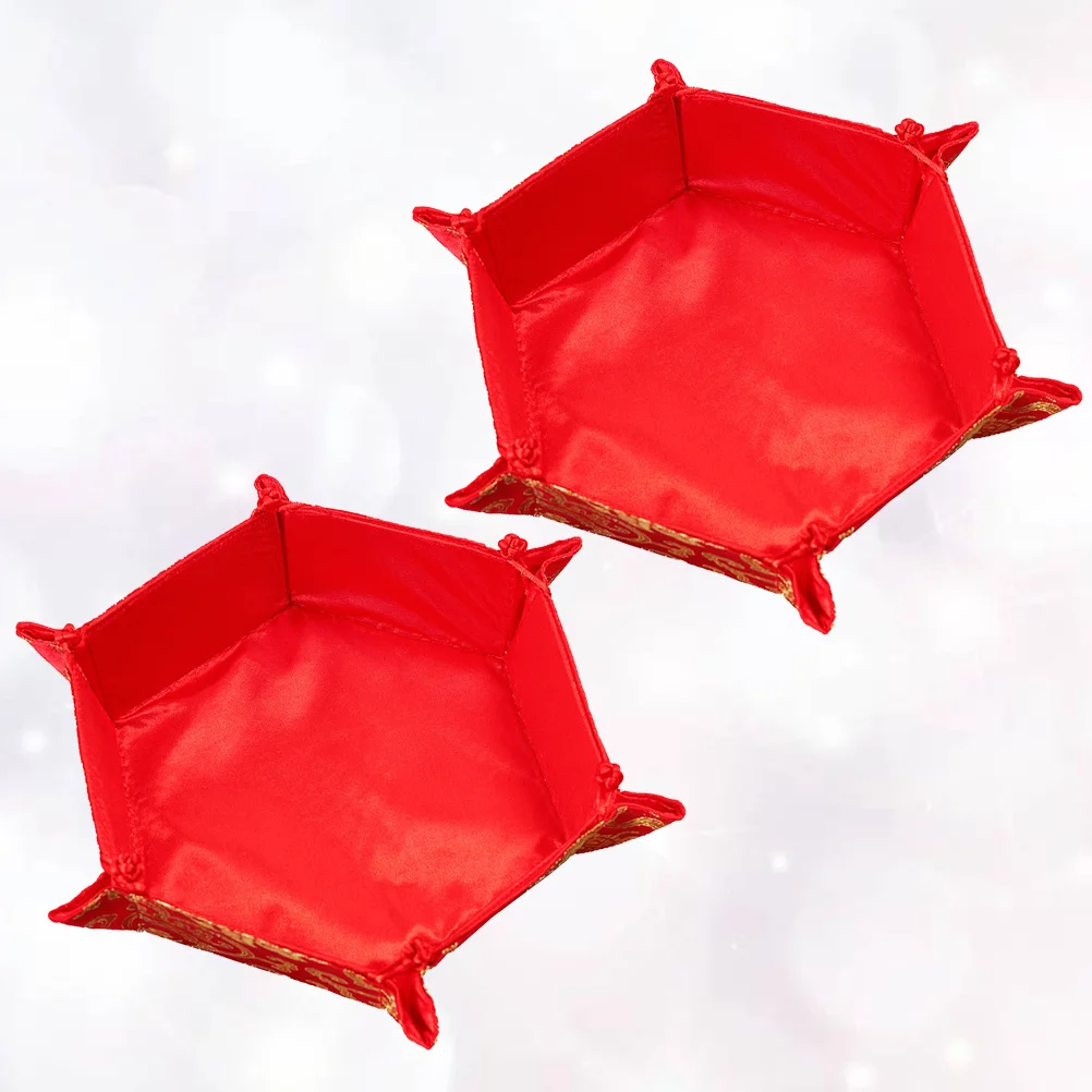 

2pcs Brocade Fabric Candy Container Dried Food Plate Chinese Style Wedding Spring Festival Home Use Red Random Pattern Snack