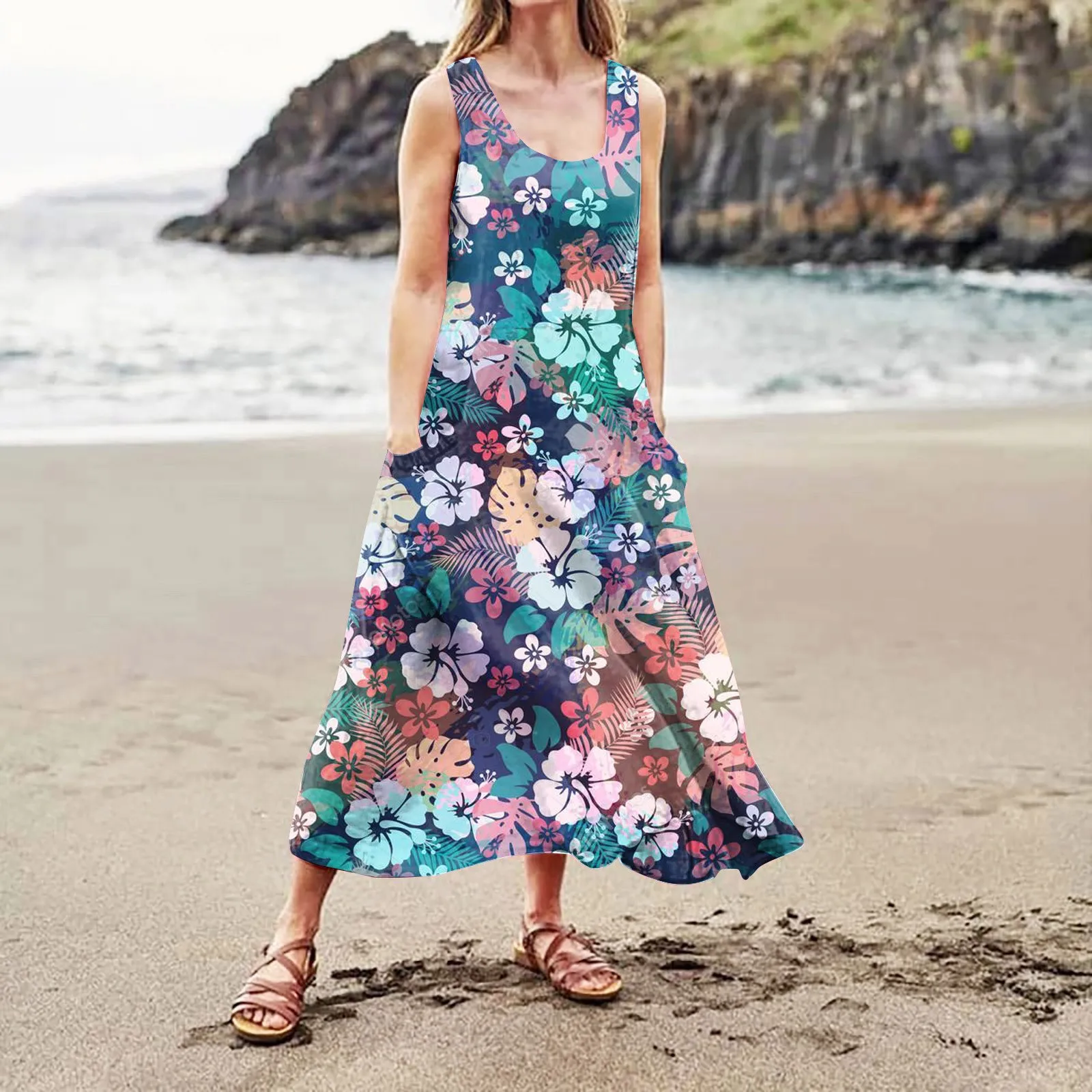 캐주얼 편안한 꽃 프린트 민소매 코튼, 포켓 비치 원피스, 우아한 여성 드레스, 여름 패션