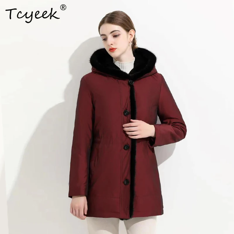 Tcyeek Odpinana Podszewka z Futra Wydry i Królika Jesienno-Zimowa Modna Parka Damska z Kapturem Średniej Długości Casacas Para Mujer Invierno