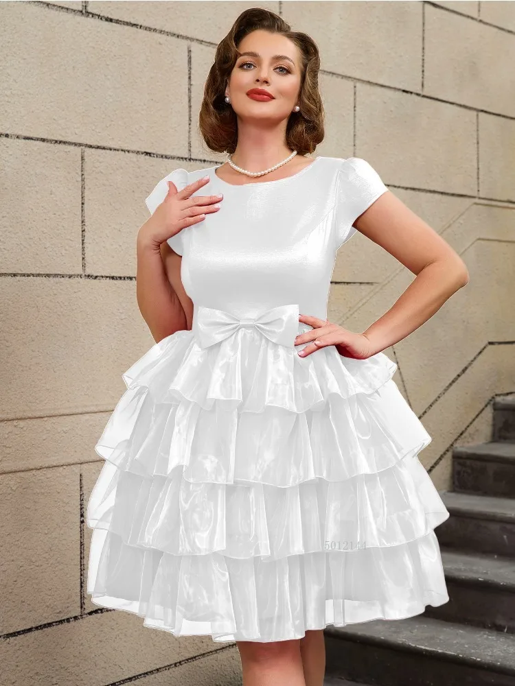 O pescoço manga curta arco uma linha retalhos vestido para mulheres elegante em camadas plissado tule skater vestido de festa de verão vestidos de cocktail