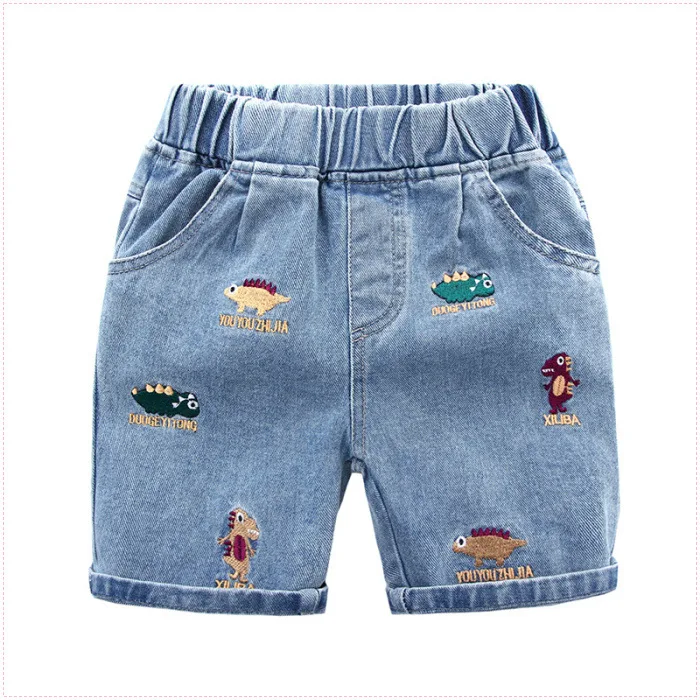 2023 Summer Girls Boys Cute Embroidery Dino Knee Length Jeans Pant Baby Kids Children Denim Trousers