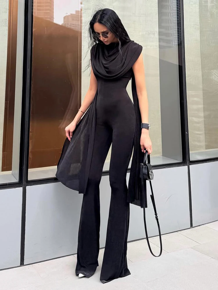 

Weird Puss Fashion Flared Jumpsuit Women Sexy Classic Shawl Patchwork Sleeveless Ruched Elegant Stretch Trend Party Streetwear