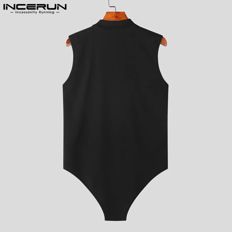 2023 Men Bodysuits Lapel Sleeveless Streetwear Zipper Fitness Male Rompers Tank Tops Solid Color Sexy Bodysuit Men S-5XL INCERUN