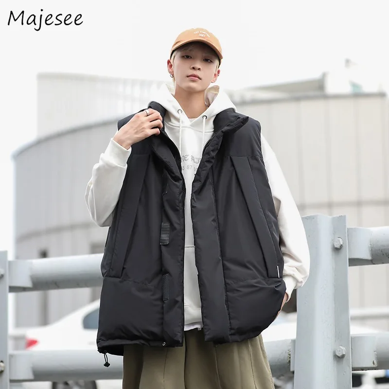 

Japanese Teens Parkas Men Vests Autumn Winter BF Baggy Casual Sleeveless Techwear Ulzzang Hombre Simple All-match Streetwear