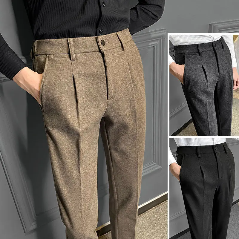 Woolen Casual Trousers Men's New Thick Straight Leg Business Slim Fit High-end Suit Pants