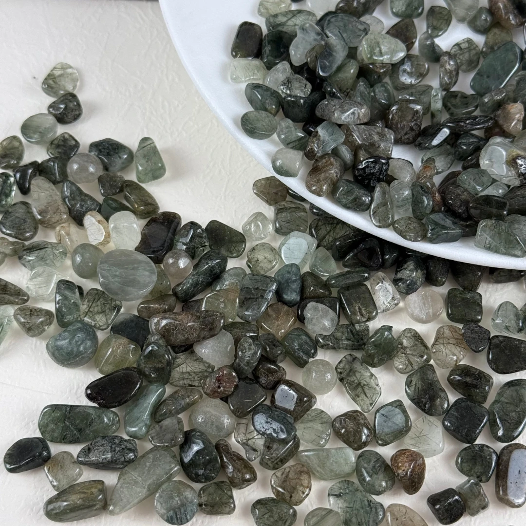 Natural Green Rutilated Quartz Chips, for Jewelry Making, Garden Decoration, Flower Pot Fish Tank Decorative Stone, Home Decor