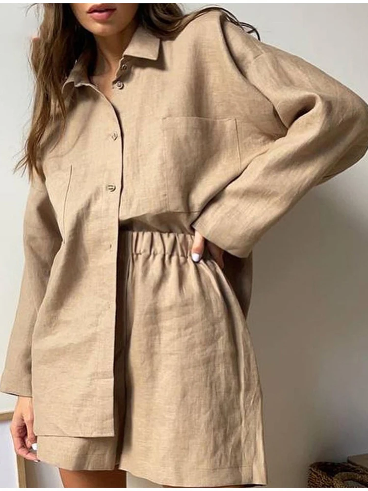 Fashion Casual Women Two Pieces Sets Autumn New Solid Long Sleeve Shirts + Elastic Waist Shorts Suits Loose Cotton Linen Outfits