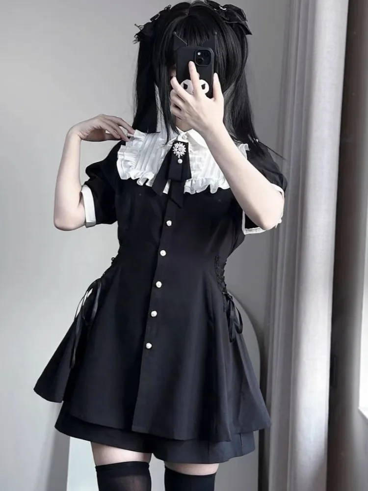 Y2kญี่ปุ่นJKลูกไม้Ruffle Bow Mini Dress + กางเกงสีดําสองชุดLolita Harajukuชุด 2025 ฤดูร้อนผู้หญิงKawaiiชุด