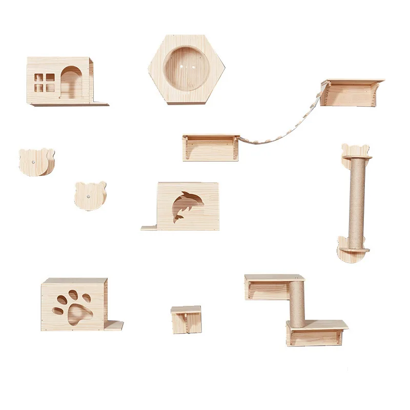cat climbing tree Whole-House Solid Wood Cat Furniture Set | Modular Wall-Mounted Cat Climbing System for Indoor Cats