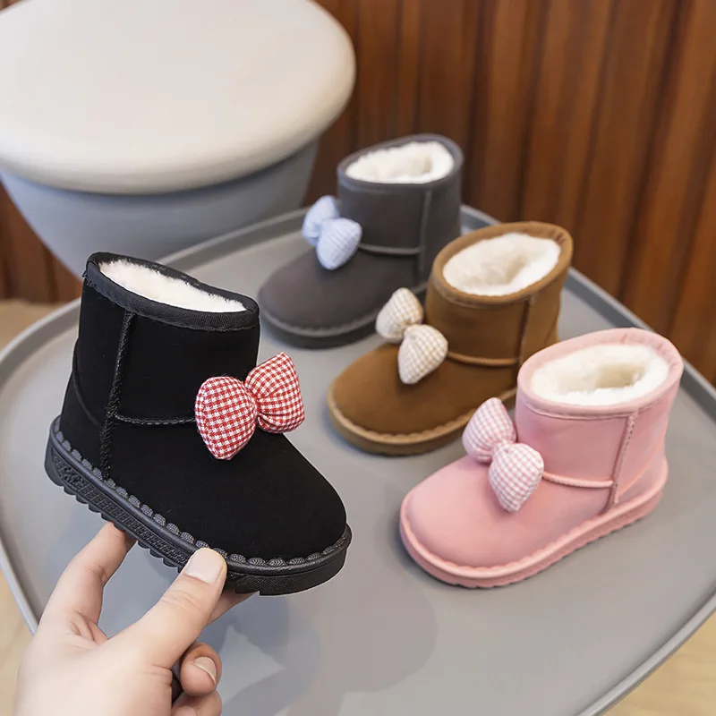 New Autumn Winter Girls Bowknot Fleece Thick Snow Boots Kids Non-Slip Soft Sole Cotton Shoes High-Top Boots Children Outdoors