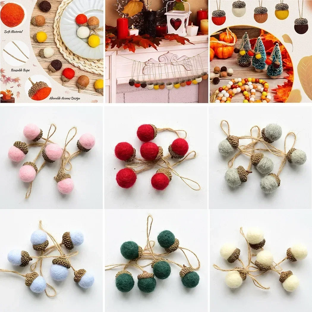 6pc Christmas Decoration Accessories Wool Felt Ball Pine Cone Acorn Pendant DIY Wreath Material Party Xmas Tree Hanging Ornament